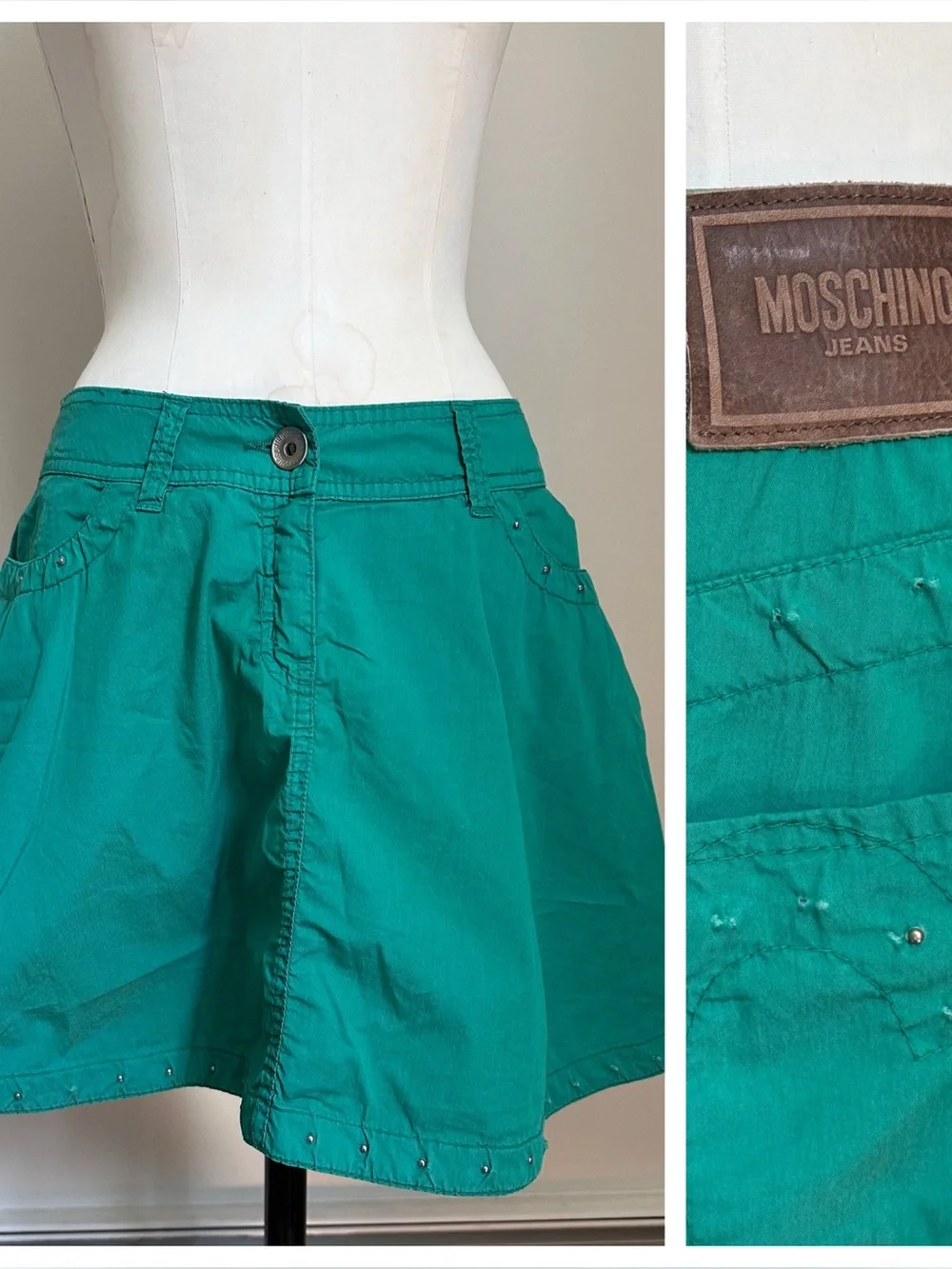 Vintage Moschino Jeans Y2K Kelly Green Skirt Studded Hearts Cotton Size 8 Medium